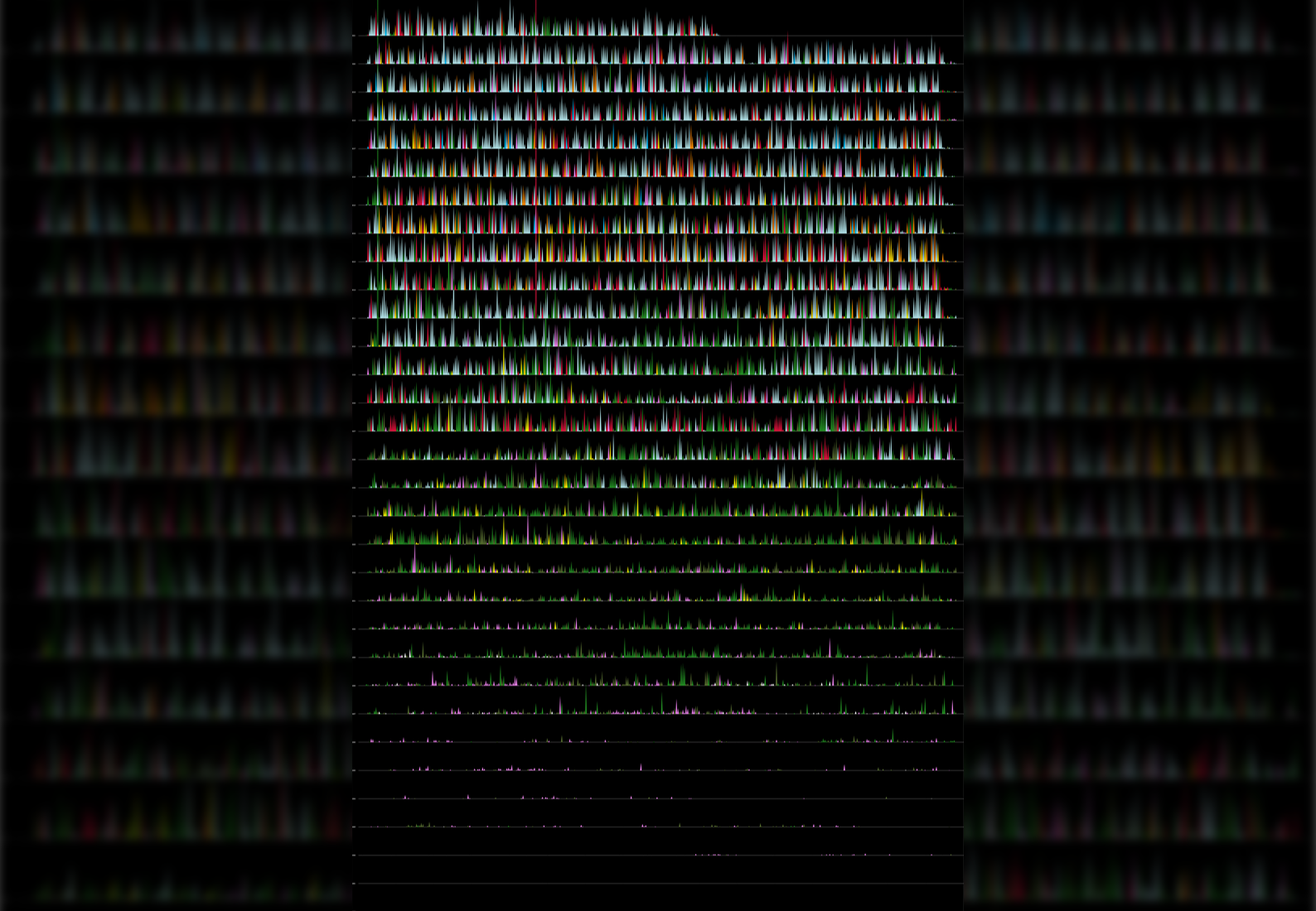 A piece of art showing computer data represented by a pattern of colorful dots.