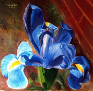 A painting of an Iris with different shades of blue.