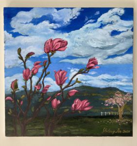 A piece of art - A painting shows pink flowers against a blue sky with white clouds.