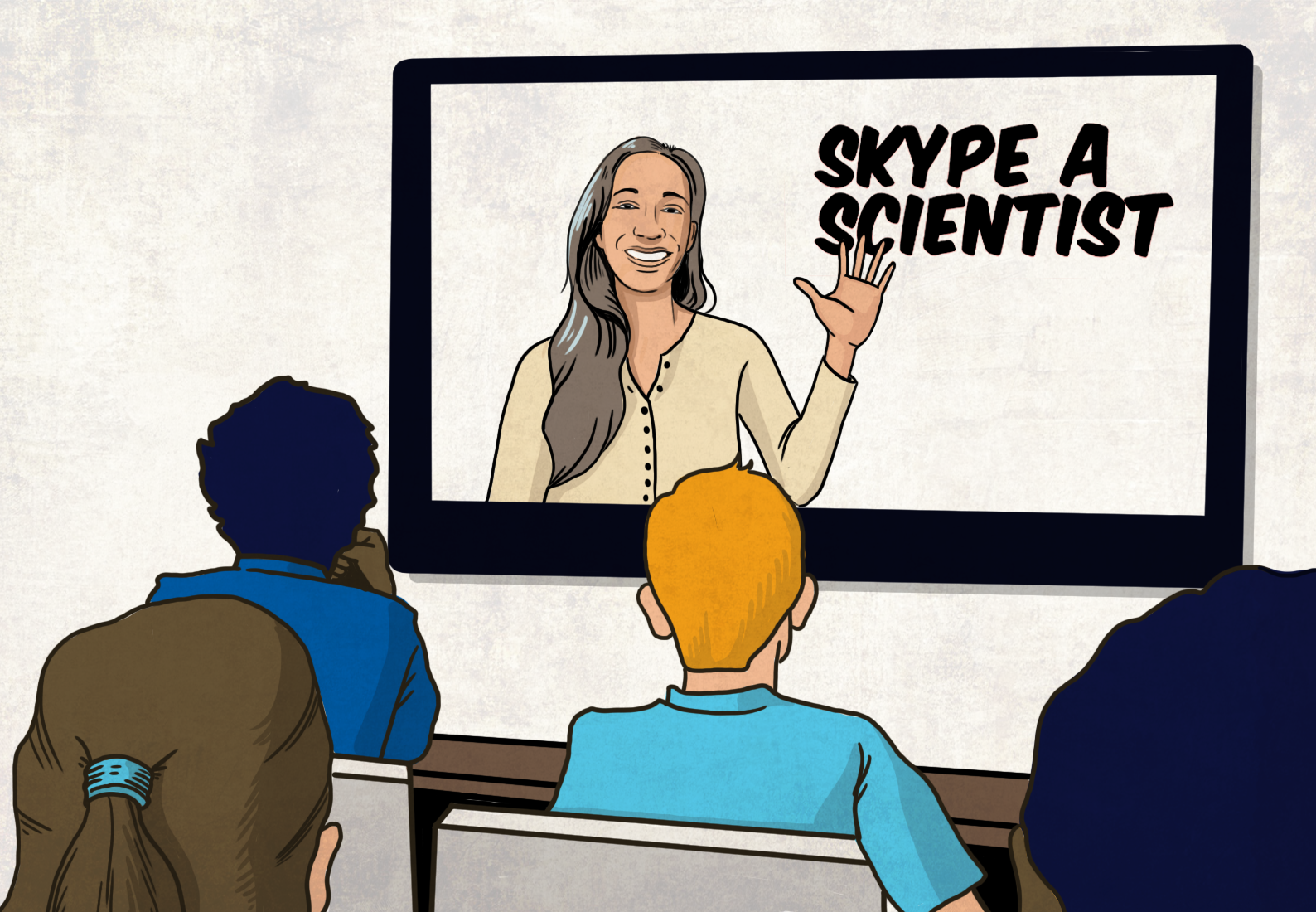 A woman is shown on a video screen interacting with students in a classroom. The text, "Skype a Scientist" is shown on the screen.