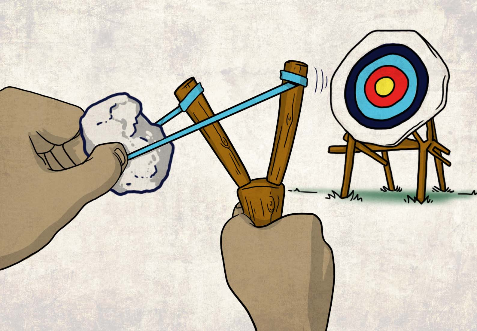 A hand holding a slingshot aiming at a bullseye is shown to represent the development of antibody-based therapeutics.