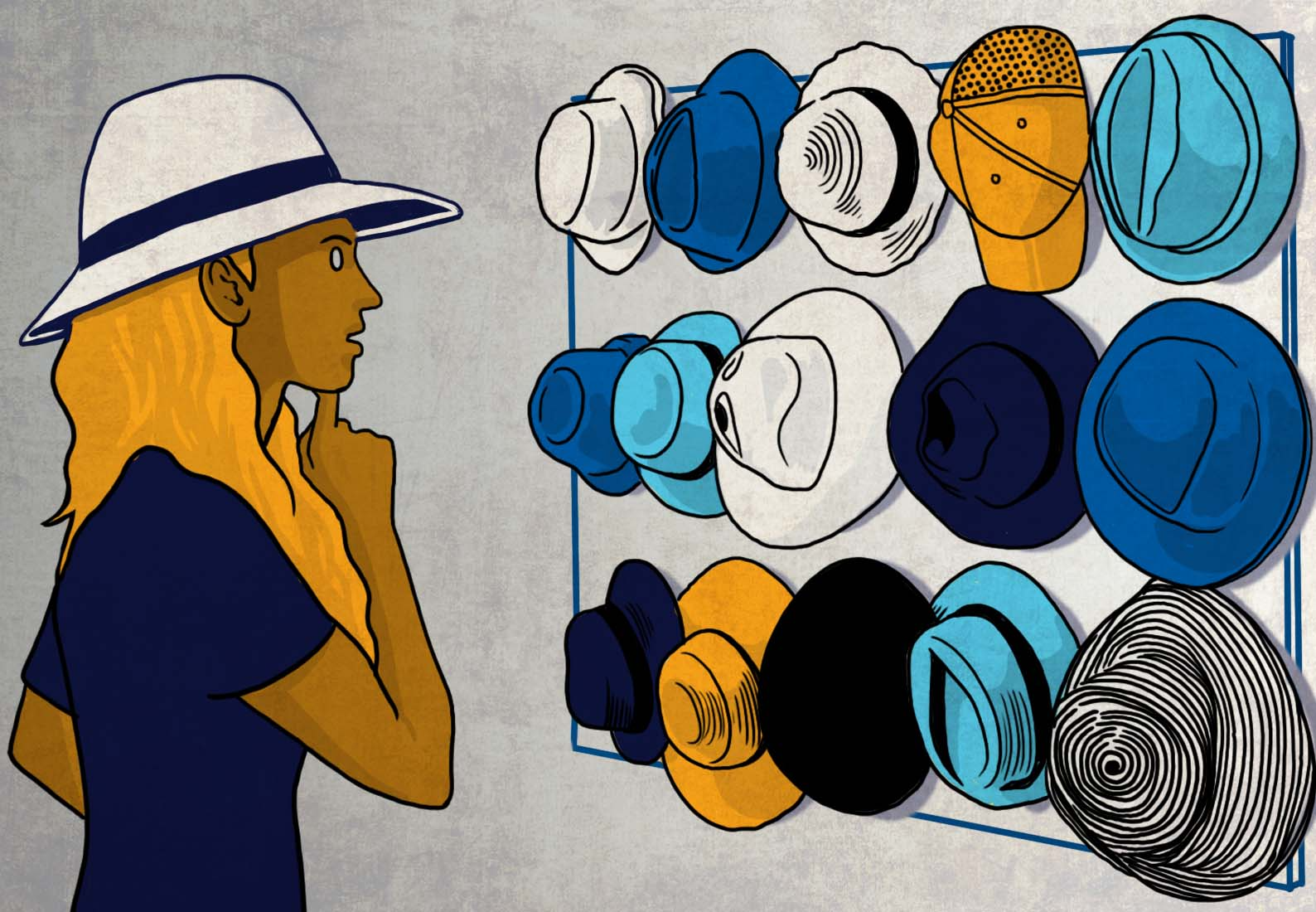 A woman who works as an Application Scientist looks at a wall of hats, trying to decide which one to wear.