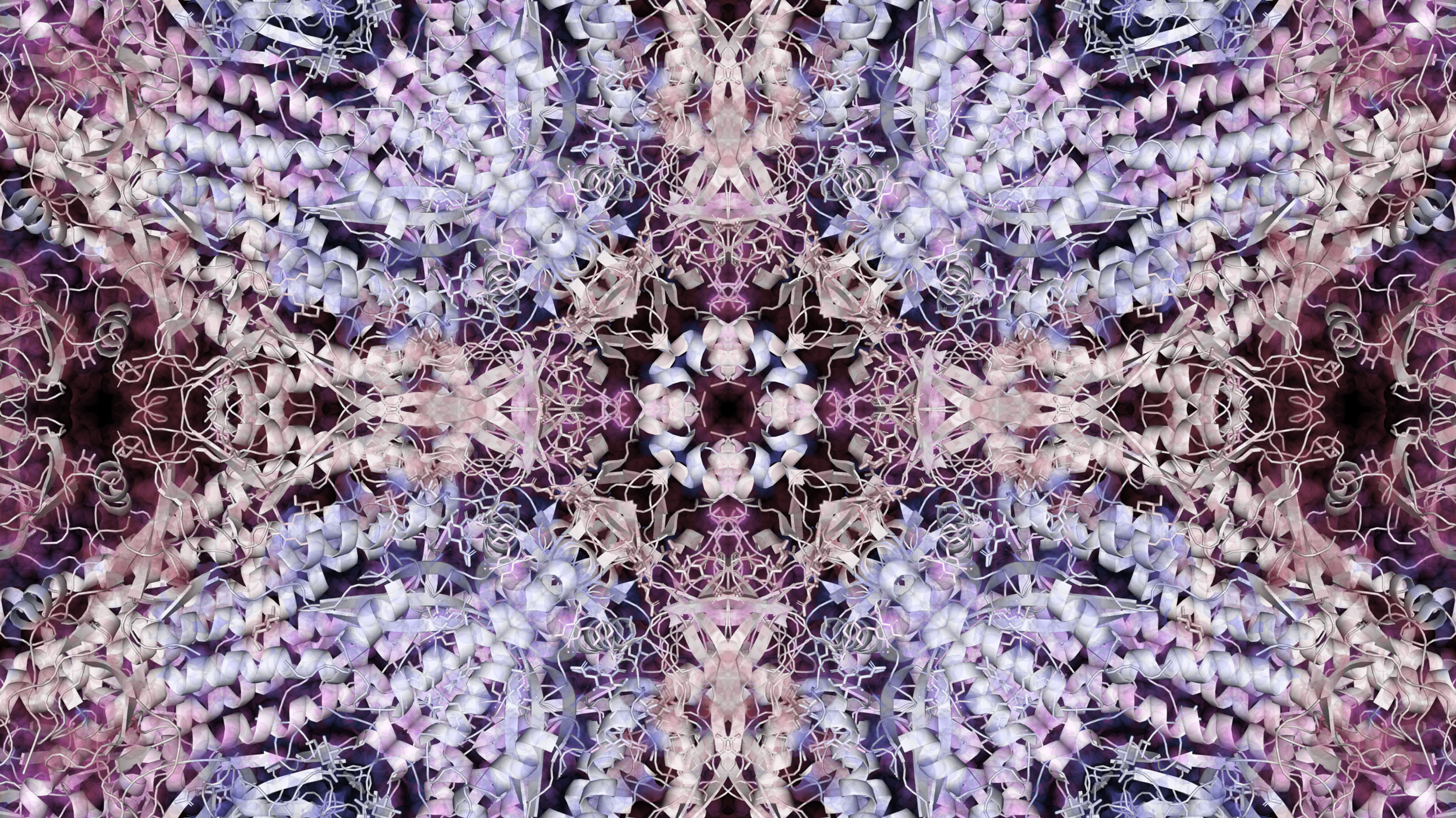A kaleidoscope-like image with hues of purple and deep red is created using molecular modeling to combine science and art.
