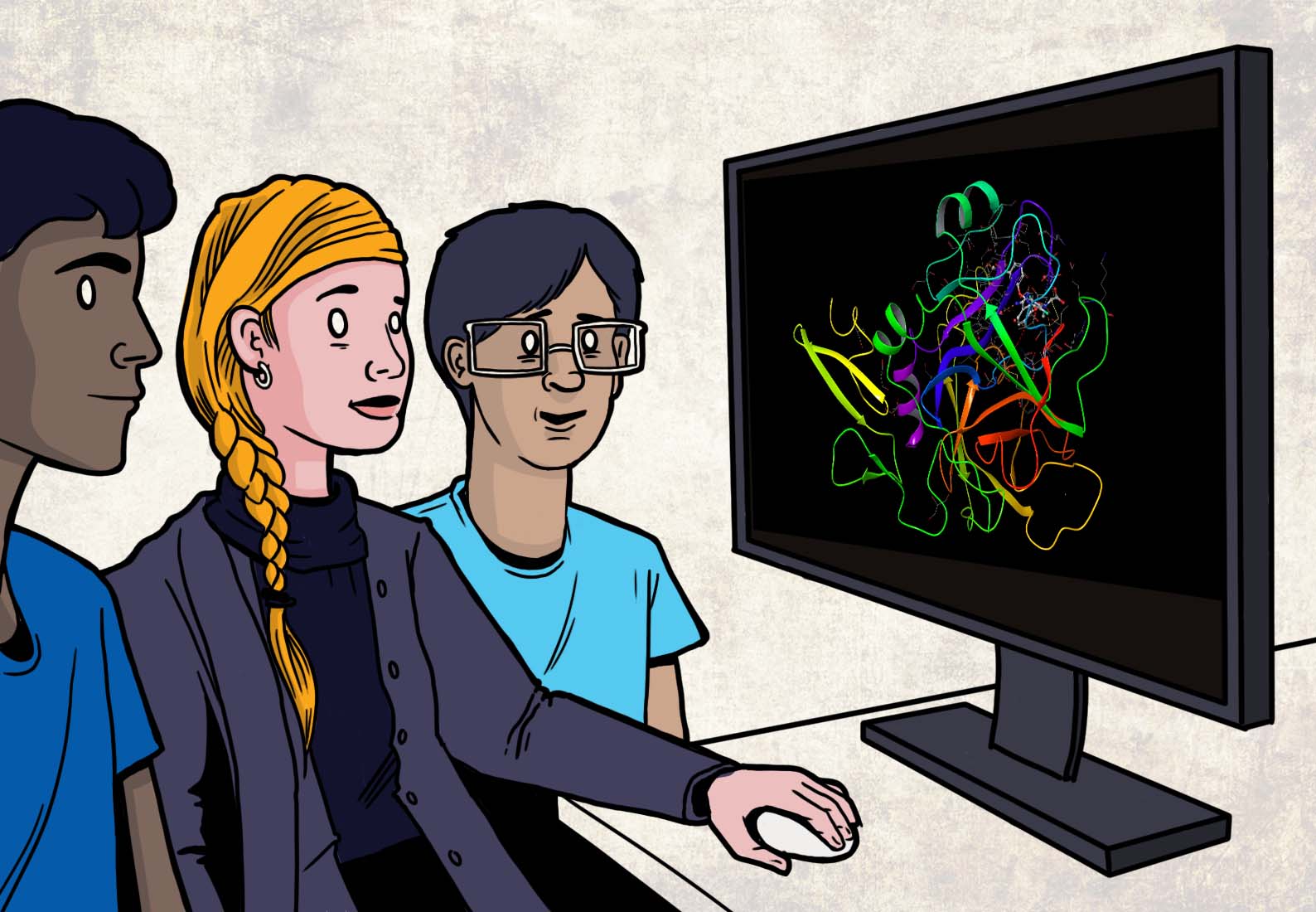 Three high school students equipped with professional-grade physics-based modeling software sit at a computer together, looking at a simulation of a molecule.