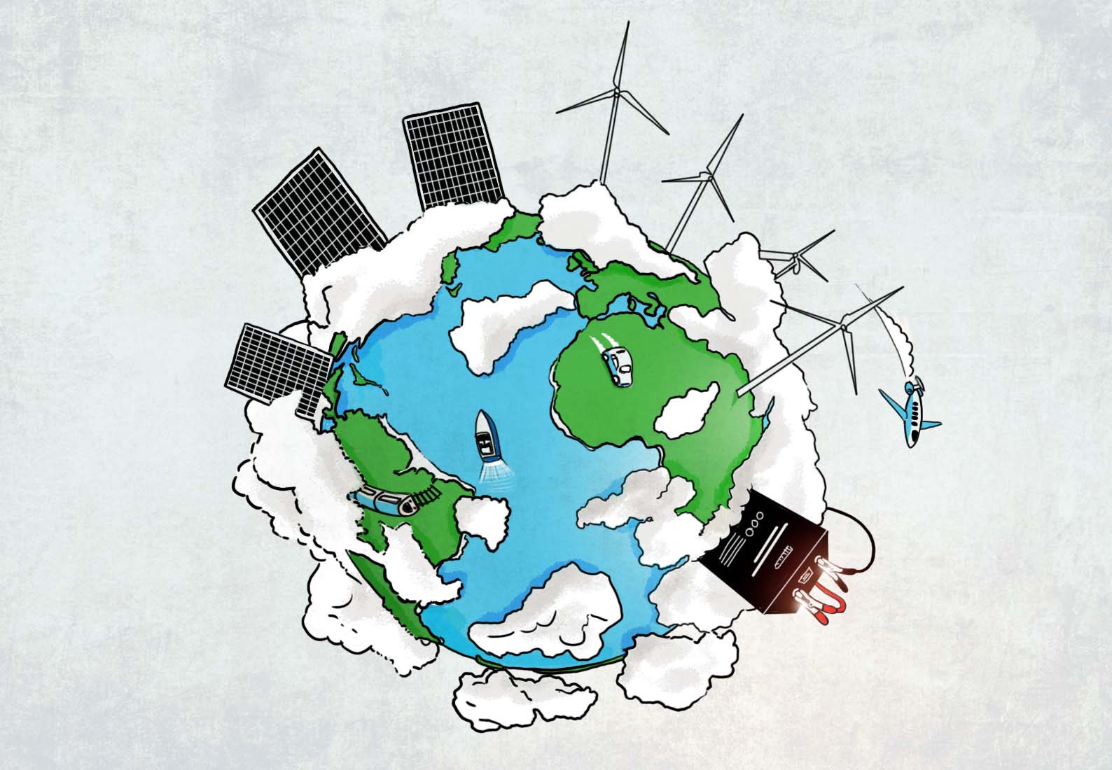 A lithium-ion battery is shown powering a globe with solar panels, wind turbines, cars and boats.