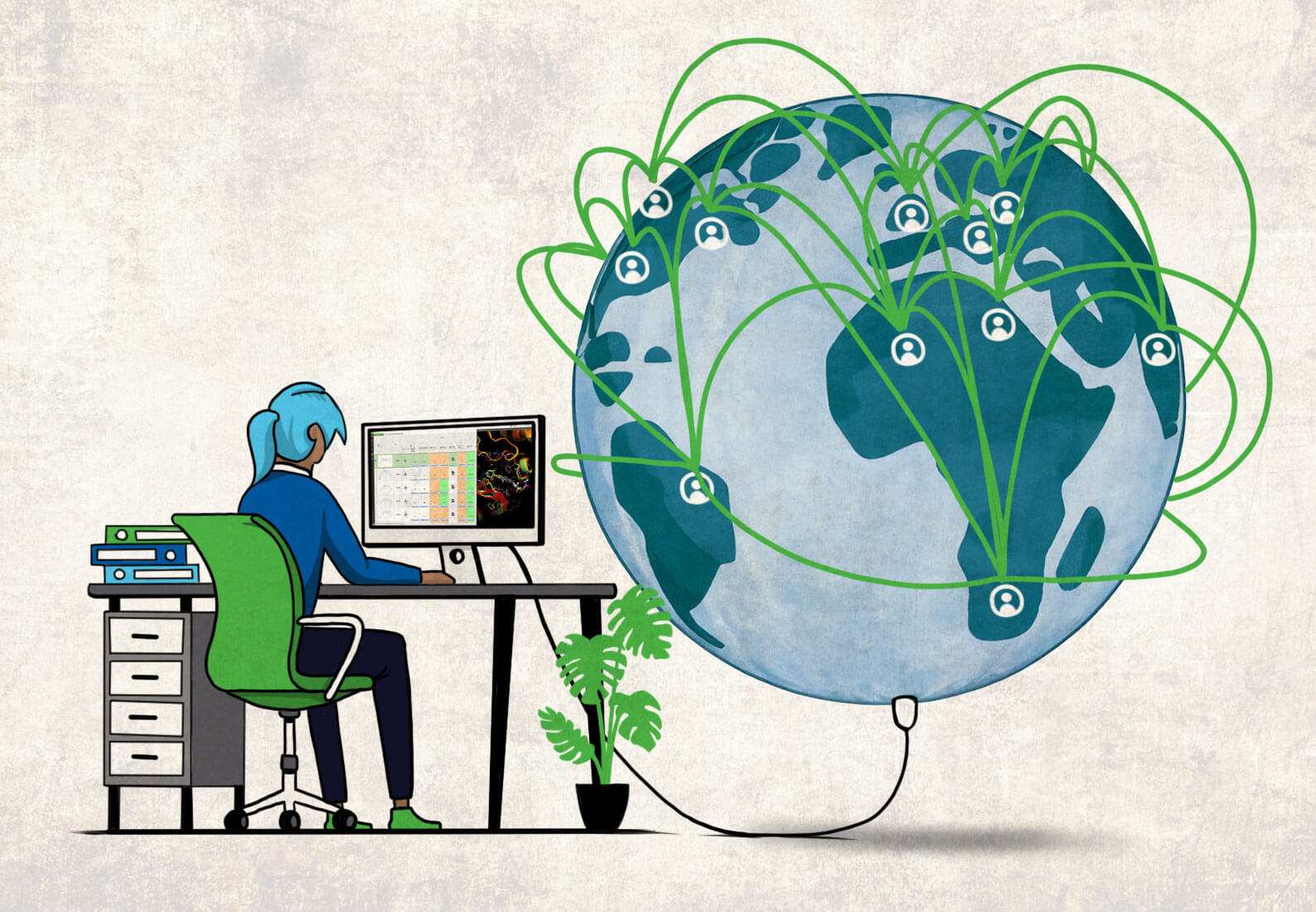 Person sitting at laptop with globe showing connections to other offices.