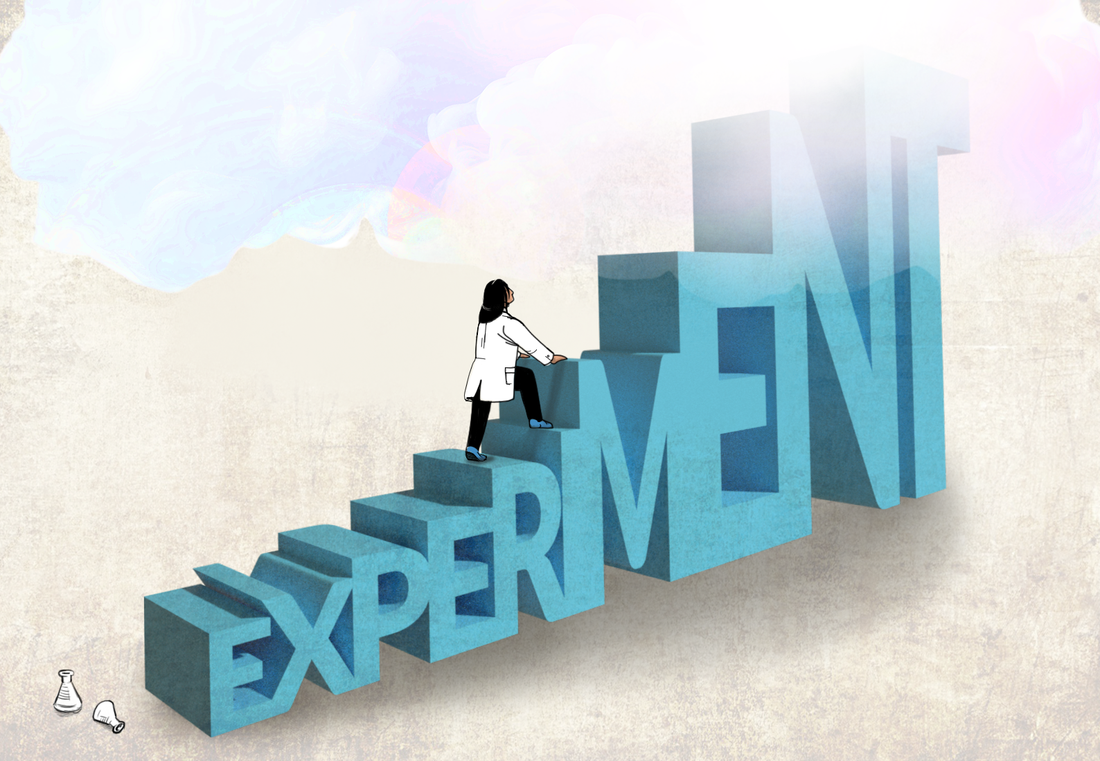 Image of a scientist climbing block letter text spelling out the word "EXPERIMENT."