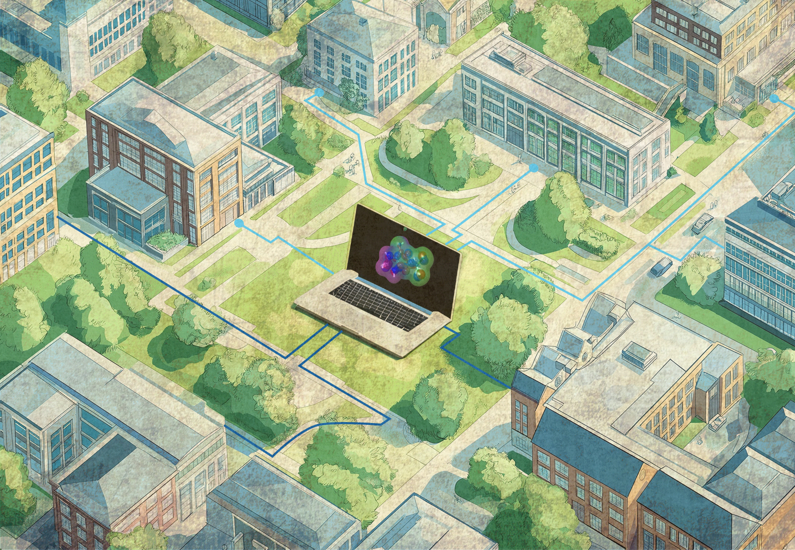 Image of a laptop with a molecule featured on the screen is centered in the middle of a college campus. The laptop is connected through lines to each of the buildings.